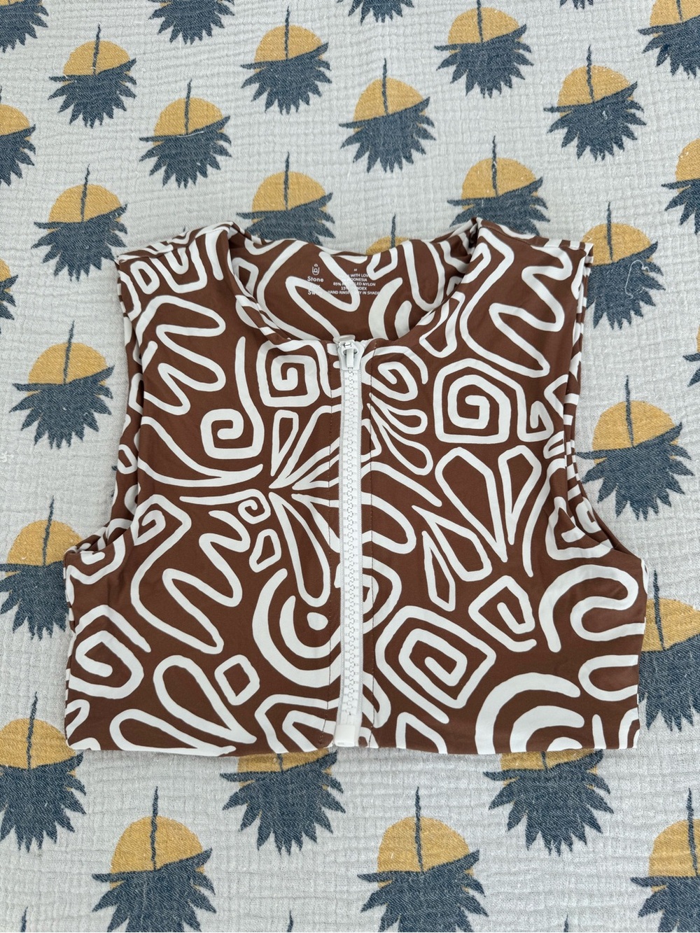 Stone Fox Swim Brown & White Patterned Zip Front Swimsuit Top